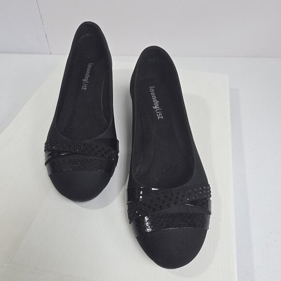 Laundry List Wedge Flats Shoes Womens Size 9.5 Black Studded Cap Toe BAIL-029 - Picture 2 of 10